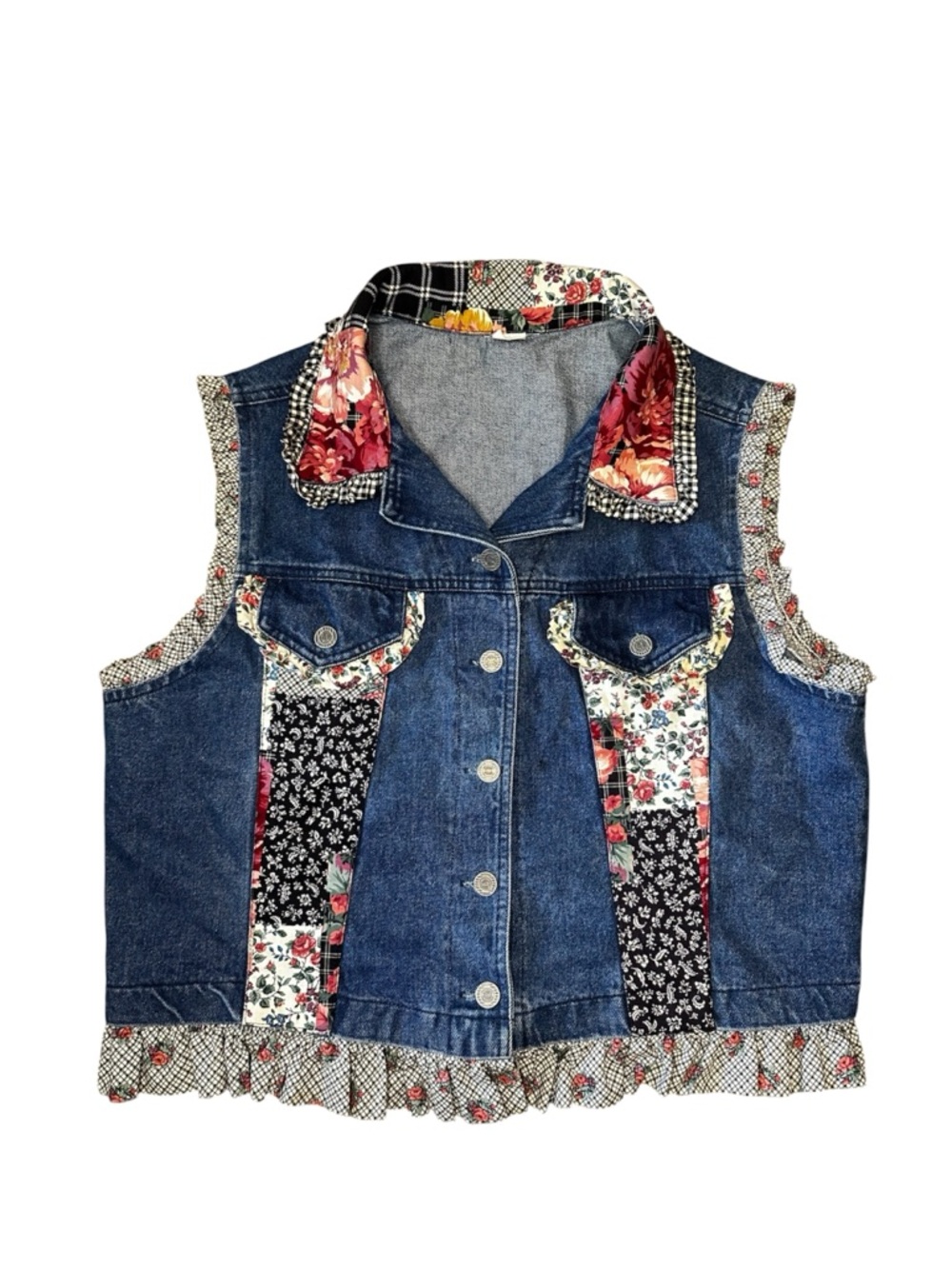 Patchwork Floral Denim Vest in Blue, Black & Pink